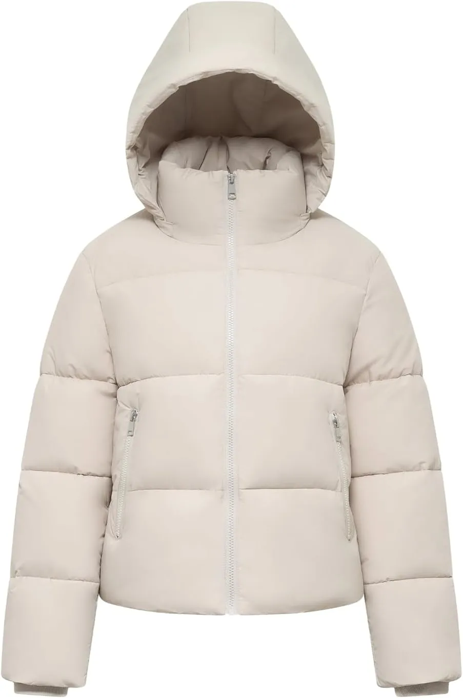 Women's Cropped Puffer Jackets,Warm Winter Jacket with Removable Hood,Zipped Pockets,Short Ladies Quilted Coat
