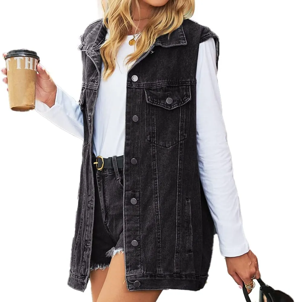 Women's Denim Vest Oversized Jean Lapel Sleeveless Button Down Outerwear Waistcoat Jacket