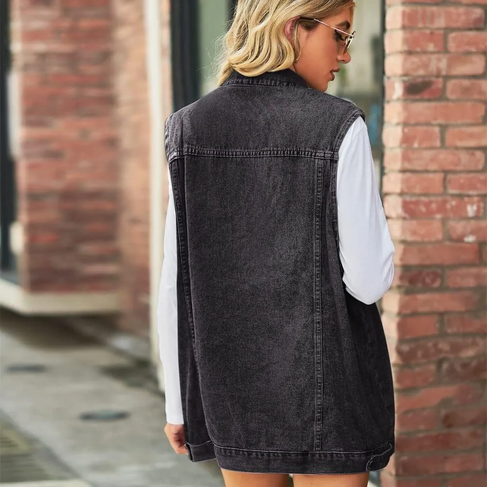 Women's Denim Vest Oversized Jean Lapel Sleeveless Button Down Outerwear Waistcoat Jacket