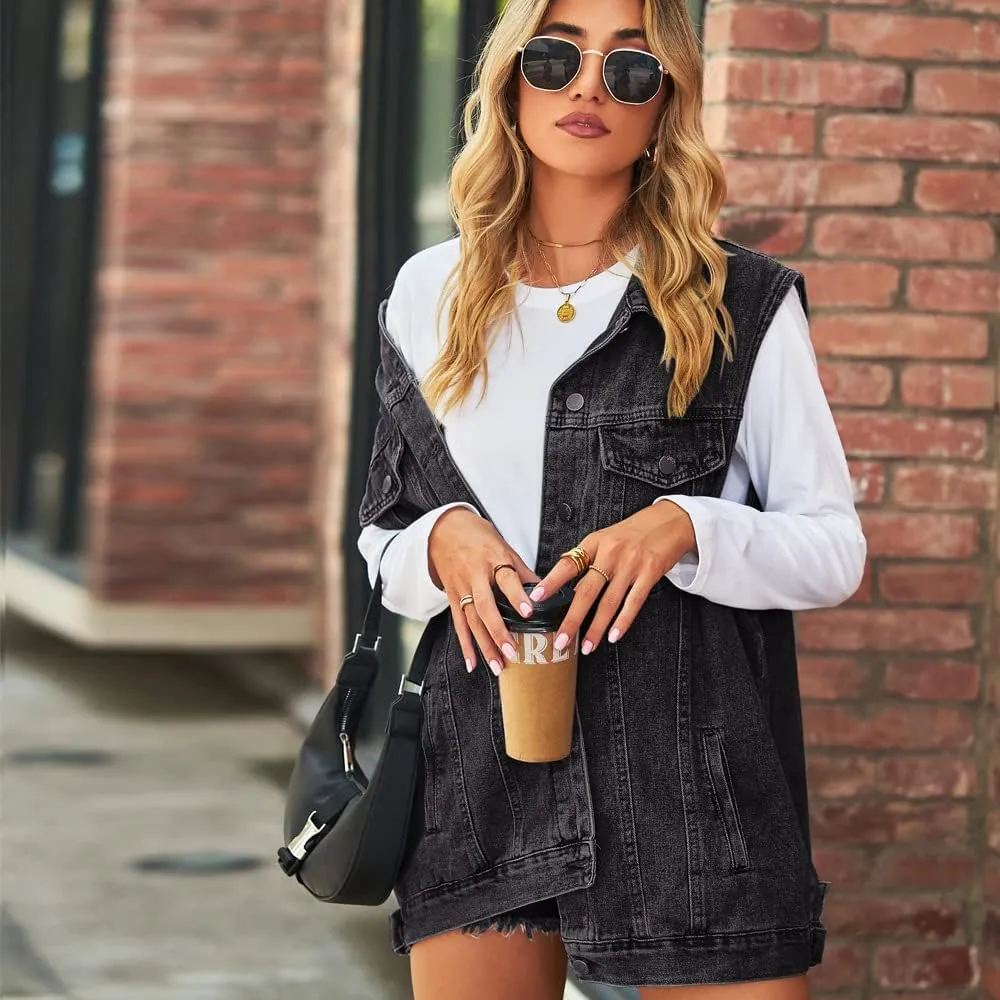 Women's Denim Vest Oversized Jean Lapel Sleeveless Button Down Outerwear Waistcoat Jacket