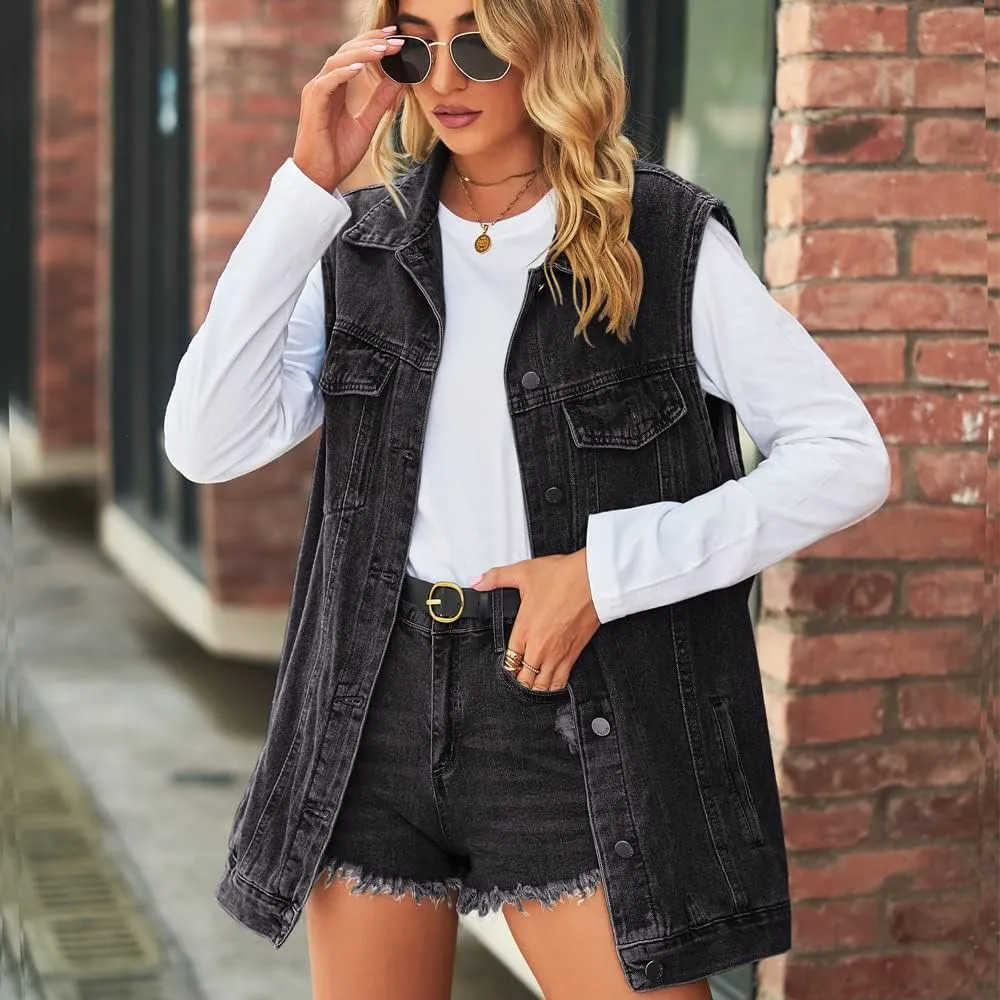 Women's Denim Vest Oversized Jean Lapel Sleeveless Button Down Outerwear Waistcoat Jacket