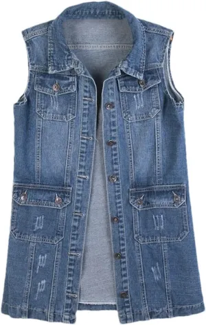 Women's Denim Vest Spring Autumn Single Breasted Mid-Length Sleeveless Jean Jacket