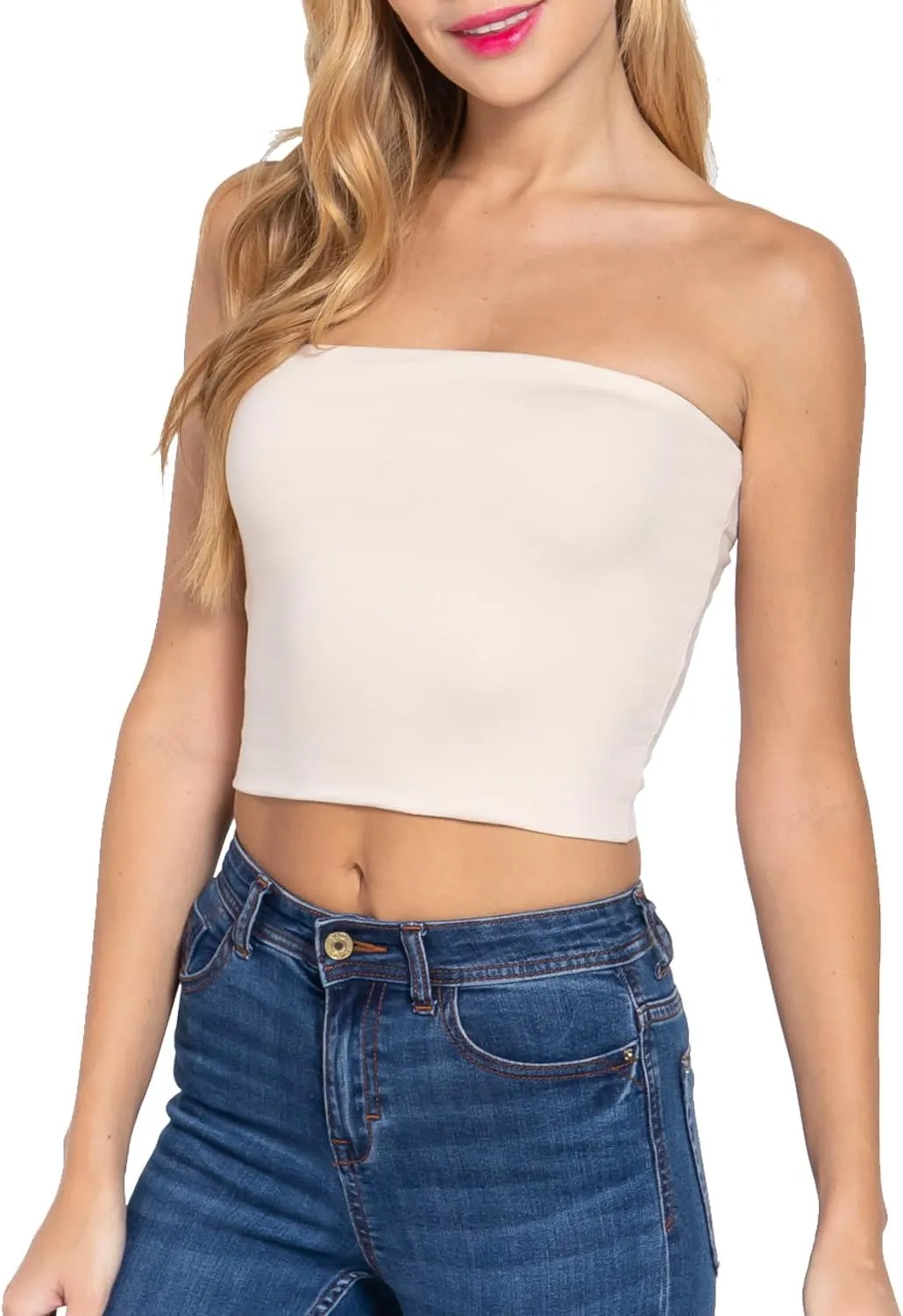 Women's Double Layered Crop Tube Tops Strapless Basic Cotton Cami Casual