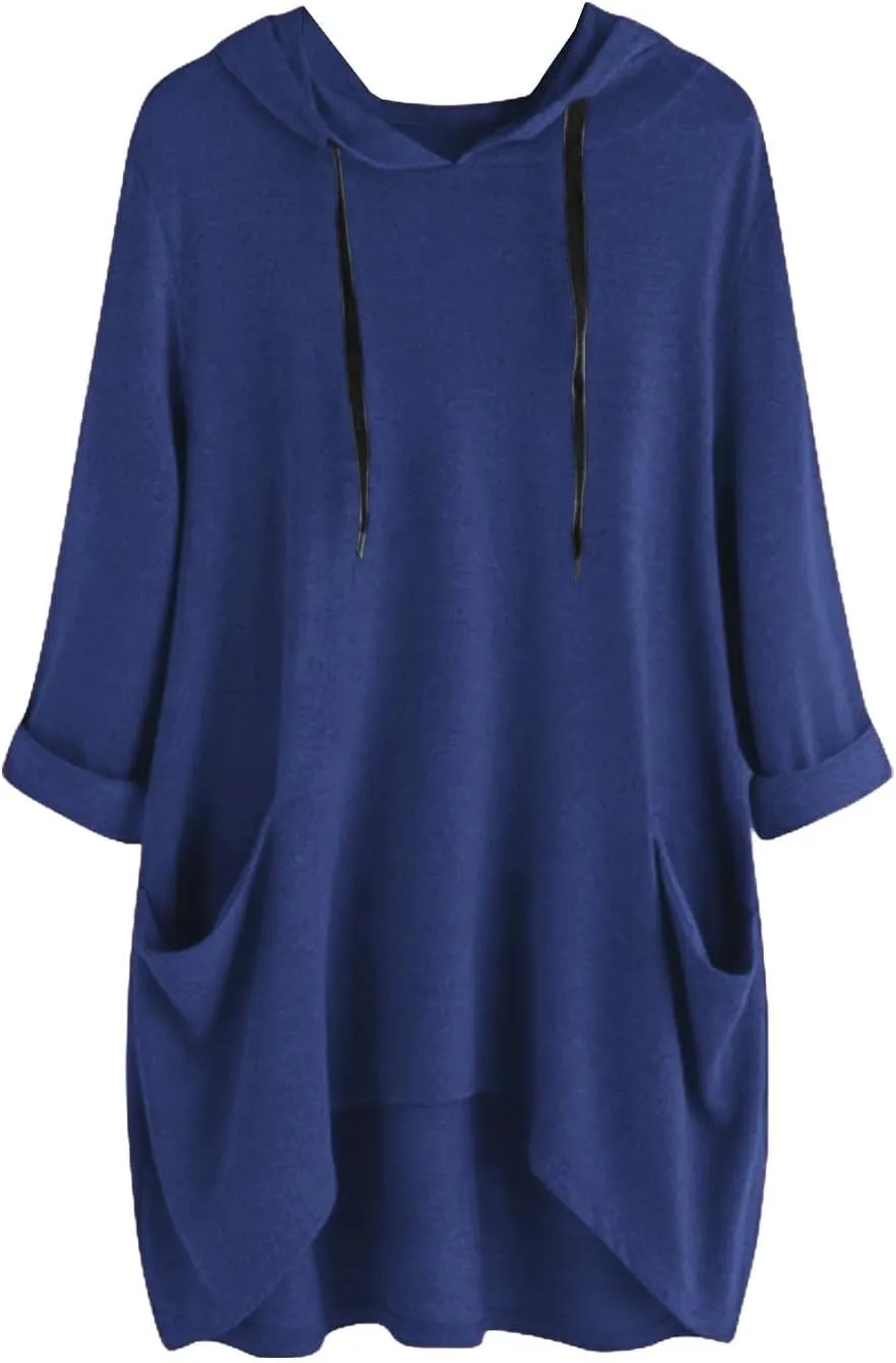 Women's Fashion Long Sleeve Hoodies Solid Color Sweatshirt Hooded Drawstring Pullover Top with Pocket Loose Clothes
