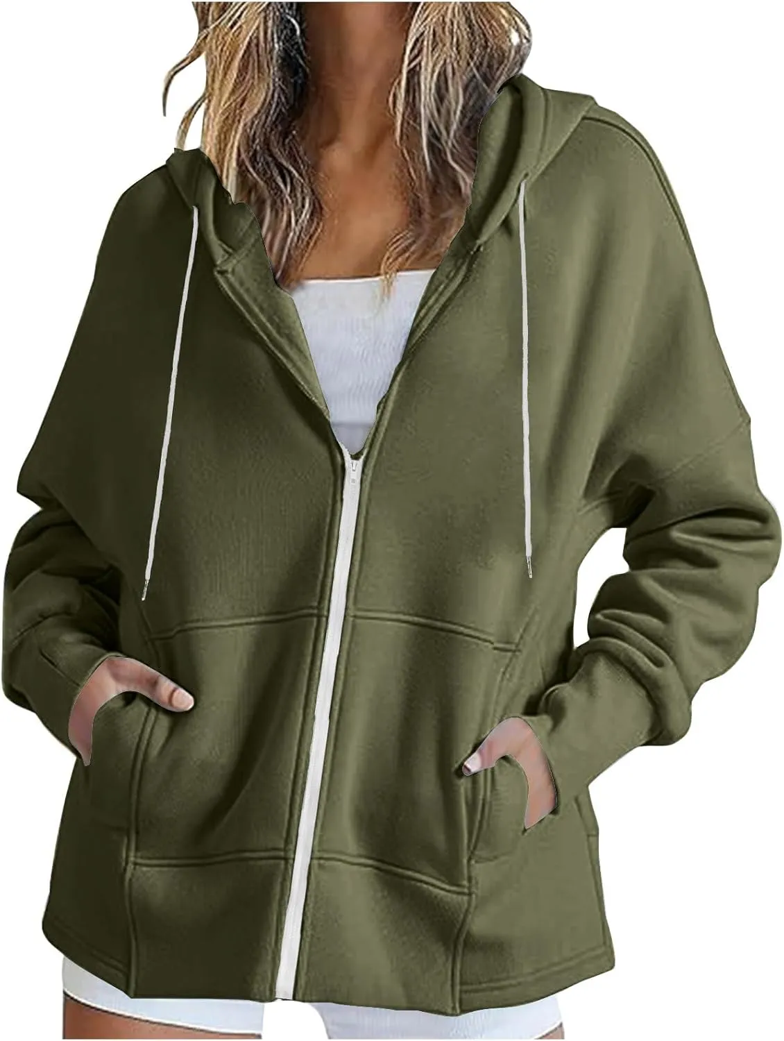 Women's Fashion Oversized Hoodie Long Sleeve Fleece Sweatshirt Full Zip Thumb Hole Pullover Pocket Casual Coat Tops