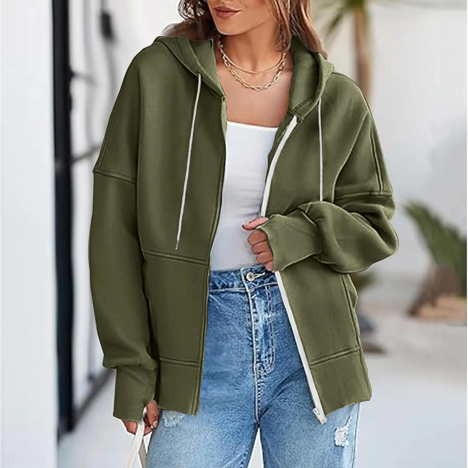 Women's Fashion Oversized Hoodie Long Sleeve Fleece Sweatshirt Full Zip Thumb Hole Pullover Pocket Casual Coat Tops