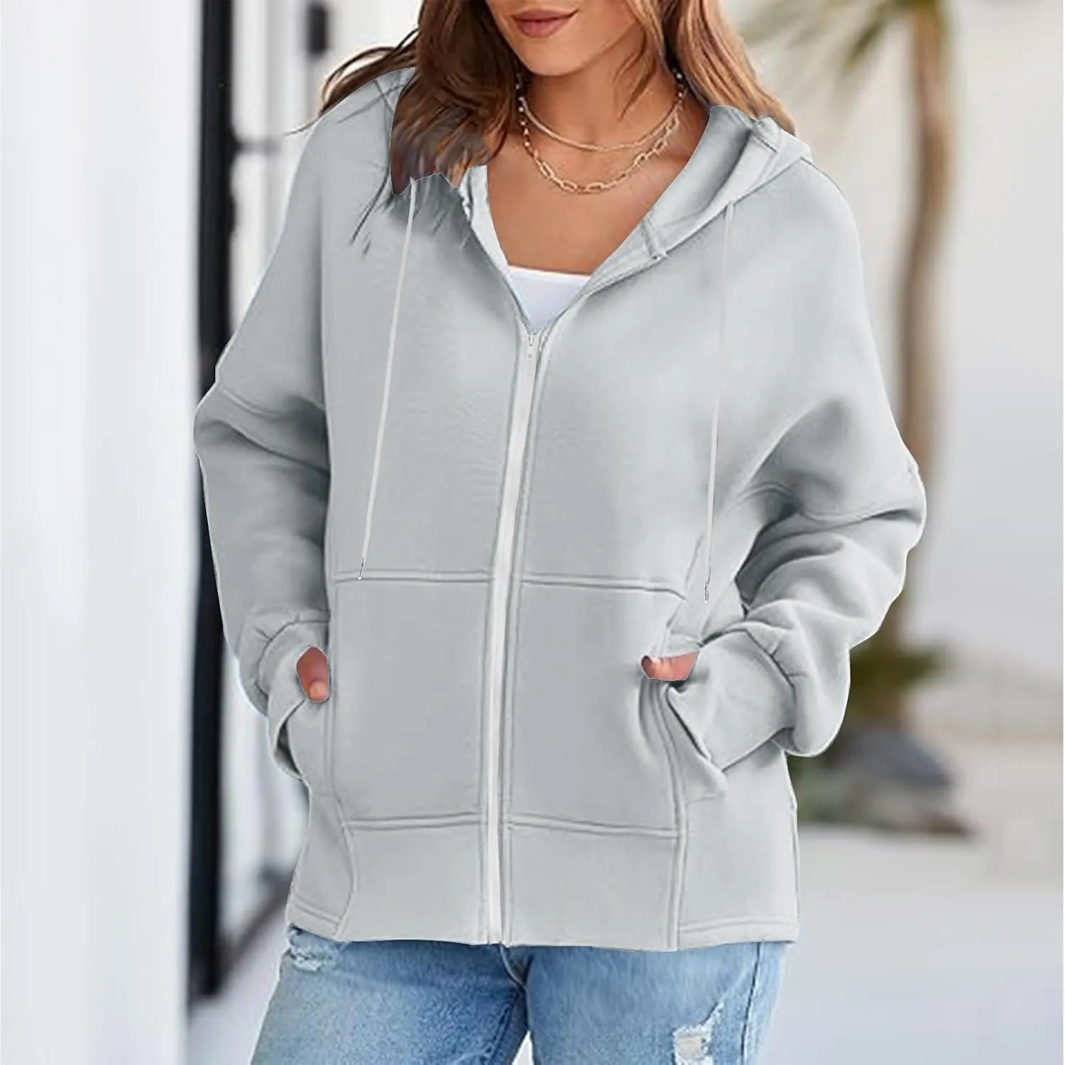 Women's Fashion Oversized Hoodie Long Sleeve Fleece Sweatshirt Full Zip Thumb Hole Pullover Pocket Casual Coat Tops
