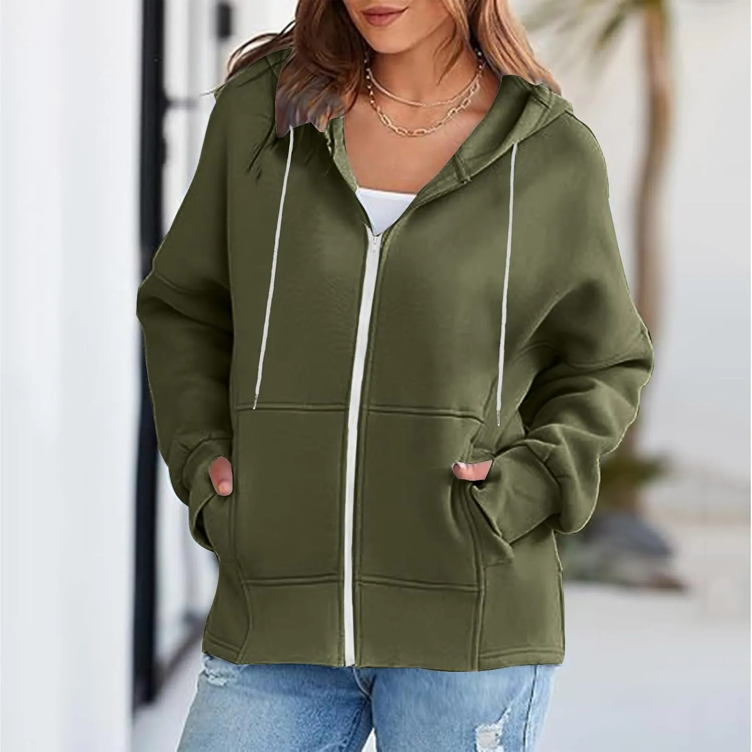 Women's Fashion Oversized Hoodie Long Sleeve Fleece Sweatshirt Full Zip Thumb Hole Pullover Pocket Casual Coat Tops