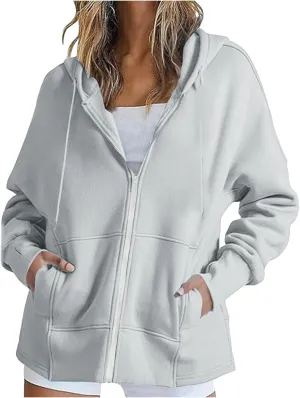 Women's Fashion Oversized Hoodie Long Sleeve Fleece Sweatshirt Full Zip Thumb Hole Pullover Pocket Casual Coat Tops