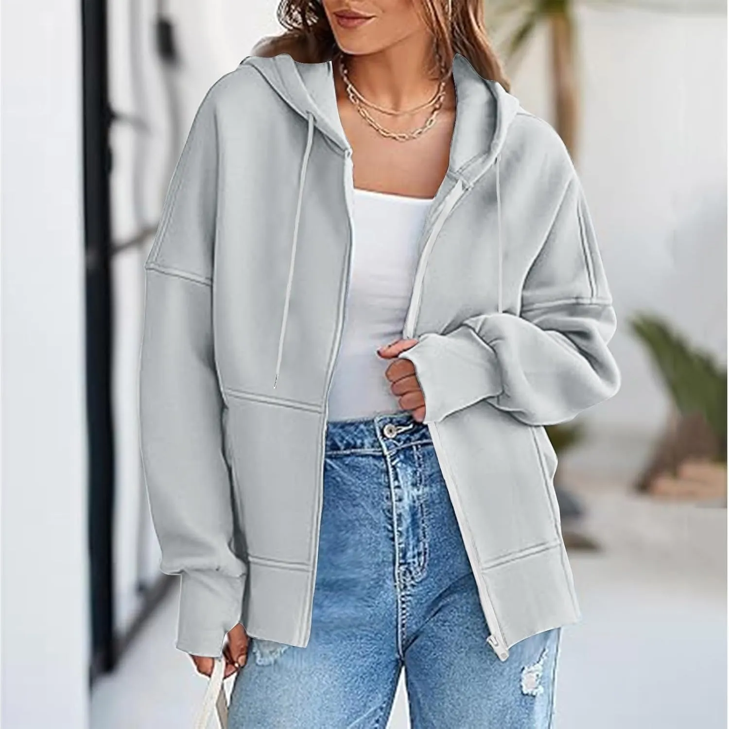 Women's Fashion Oversized Hoodie Long Sleeve Fleece Sweatshirt Full Zip Thumb Hole Pullover Pocket Casual Coat Tops