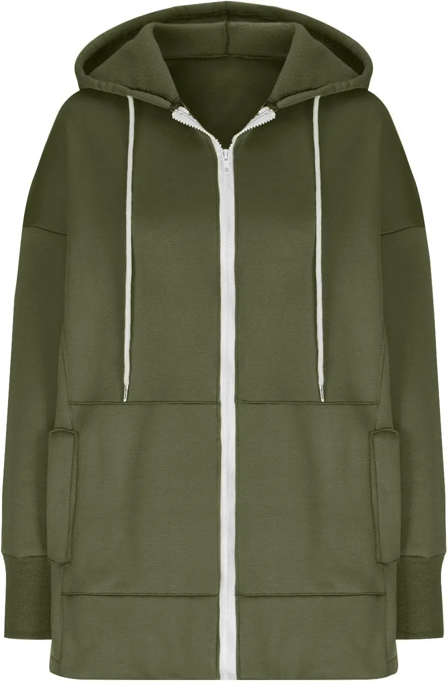 Women's Fashion Oversized Hoodie Long Sleeve Fleece Sweatshirt Full Zip Thumb Hole Pullover Pocket Casual Coat Tops