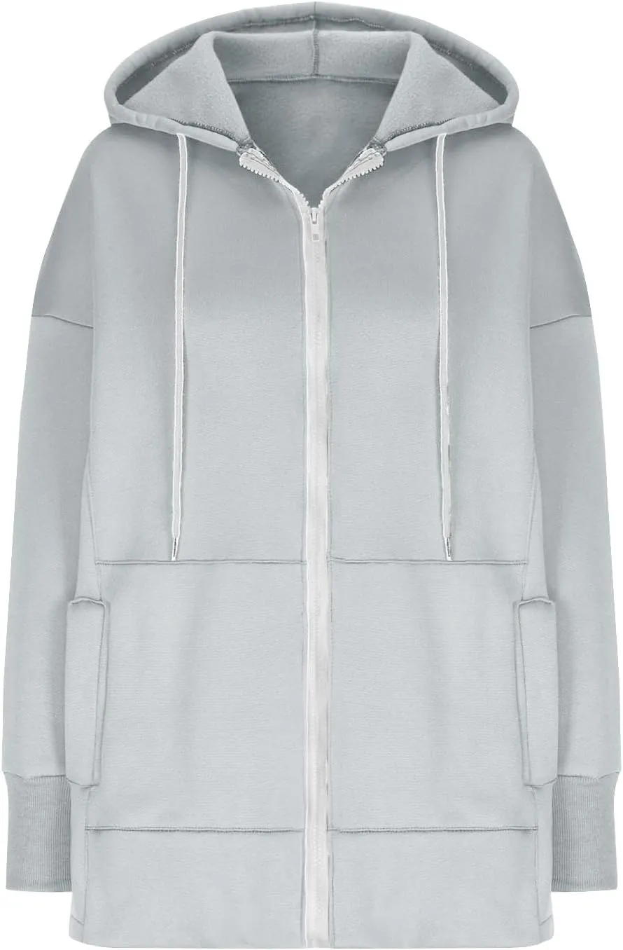 Women's Fashion Oversized Hoodie Long Sleeve Fleece Sweatshirt Full Zip Thumb Hole Pullover Pocket Casual Coat Tops