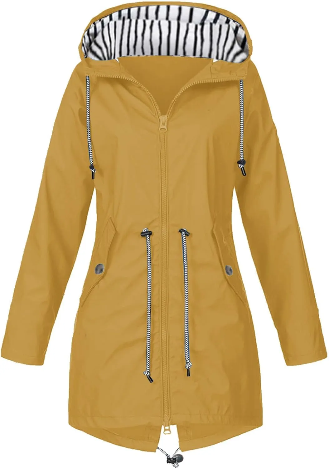 Womens Fashion Solid Zipper Rain Jacket Long Sleeve Hooded Waterproof Rain Coat Warm Comfy Soft Windbreaker with Pocket