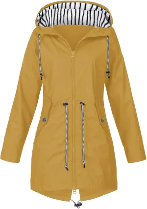 Womens Fashion Solid Zipper Rain Jacket Long Sleeve Hooded Waterproof Rain Coat Warm Comfy Soft Windbreaker with Pocket