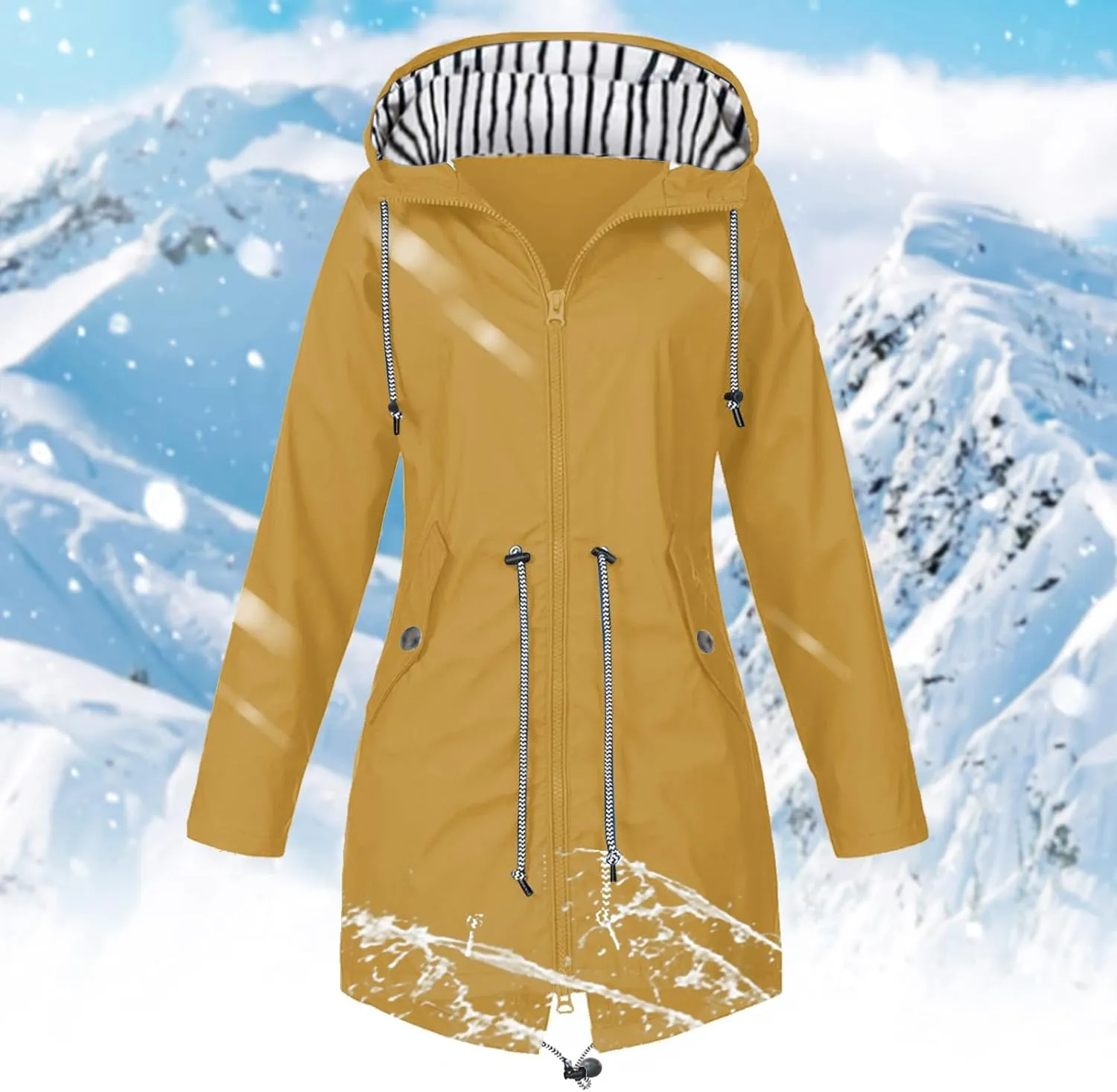 Womens Fashion Solid Zipper Rain Jacket Long Sleeve Hooded Waterproof Rain Coat Warm Comfy Soft Windbreaker with Pocket