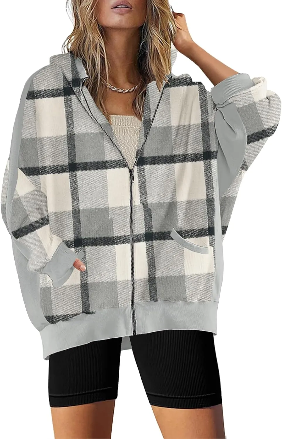 Womens Fashion Zip Up Hoodies Oversized Waffle Knit Jacket Shirts Long Sleeve Solid Shacket Blouse with Pockets