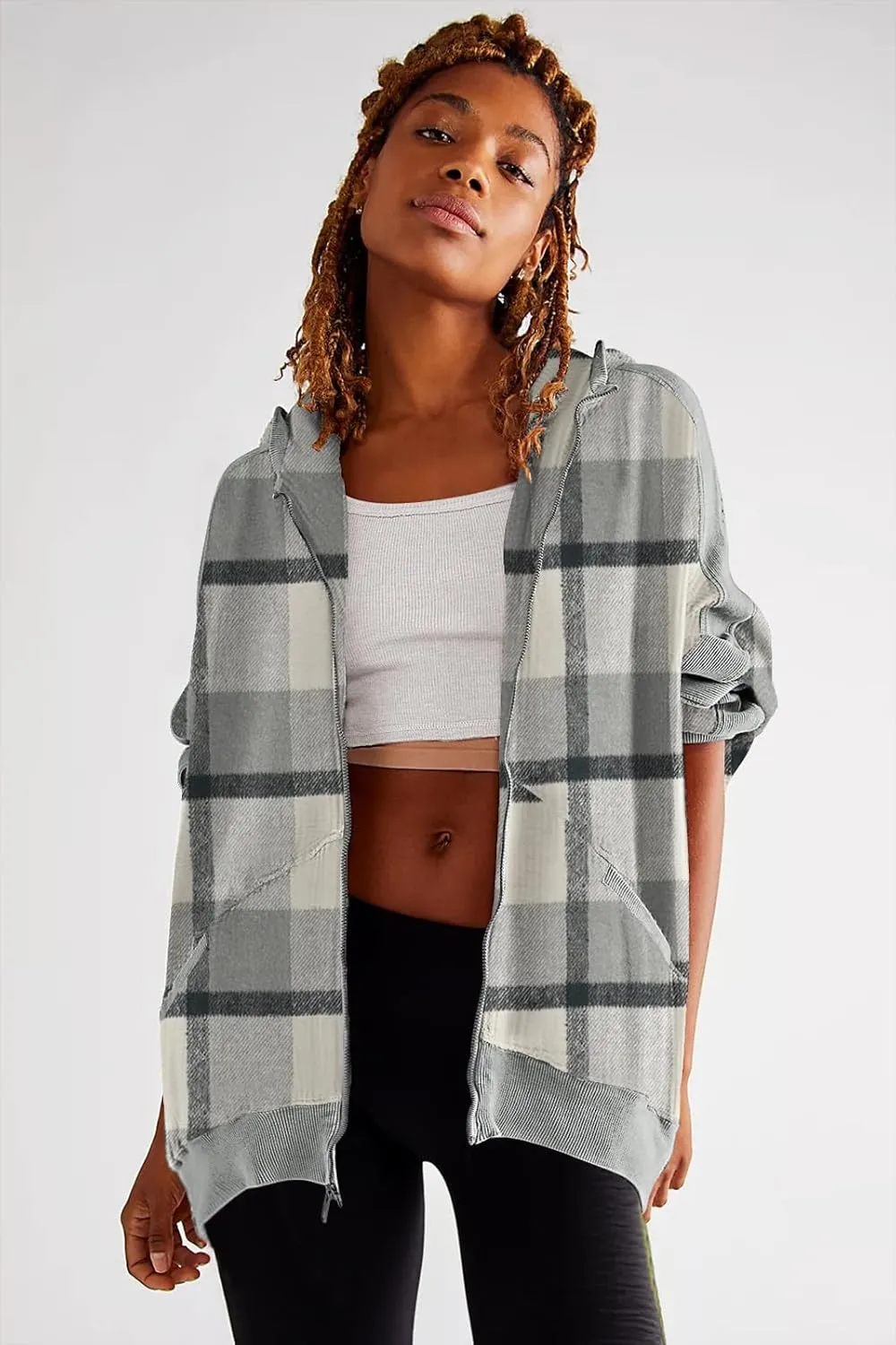 Womens Fashion Zip Up Hoodies Oversized Waffle Knit Jacket Shirts Long Sleeve Solid Shacket Blouse with Pockets