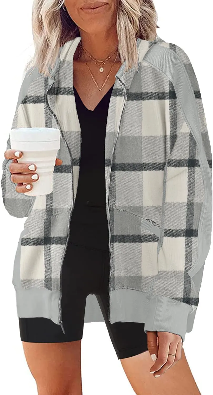 Womens Fashion Zip Up Hoodies Oversized Waffle Knit Jacket Shirts Long Sleeve Solid Shacket Blouse with Pockets