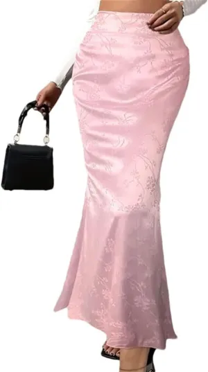 Women's Floral Print Satin Midi Skirt A-Line Pencil Skirt for Office Casual