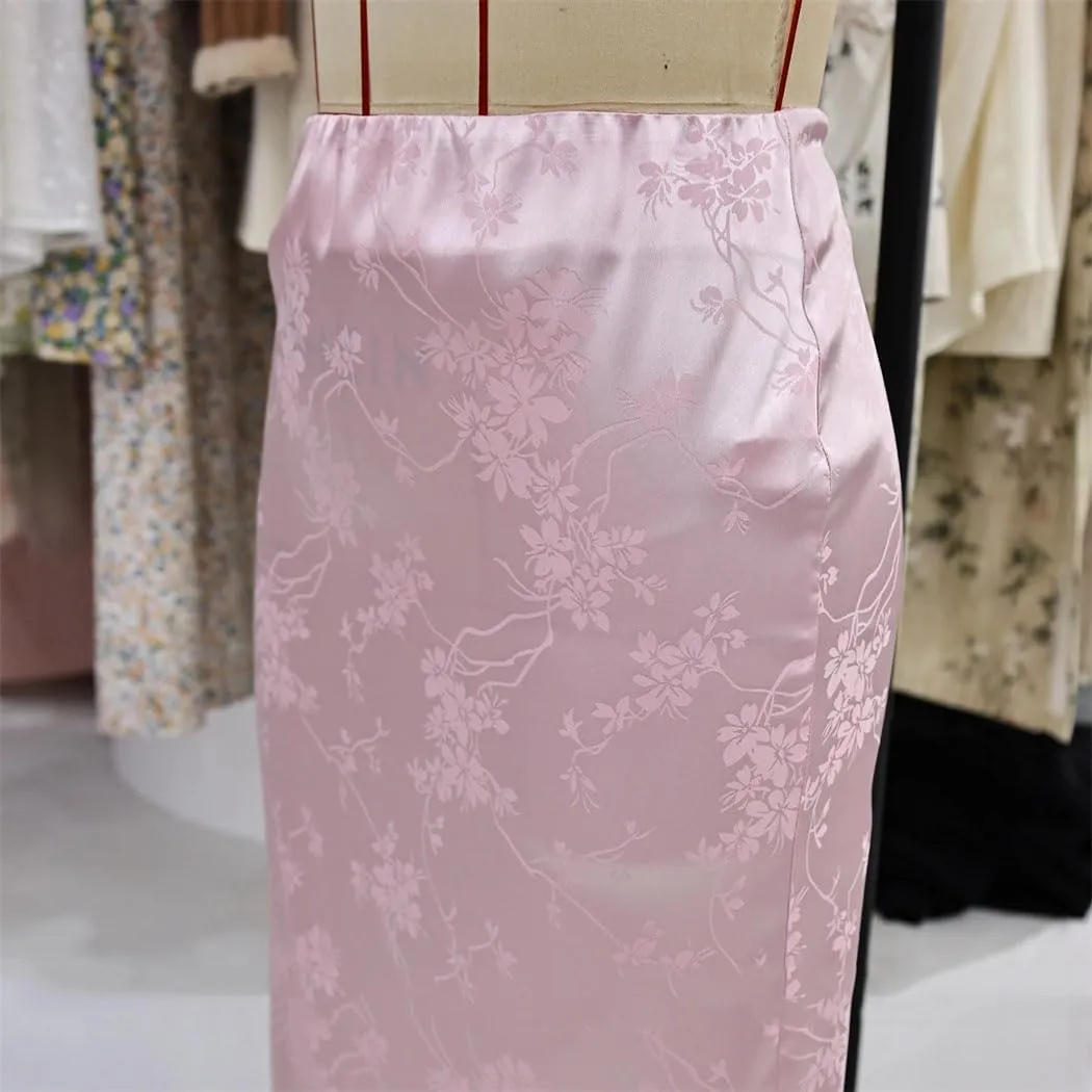 Women's Floral Print Satin Midi Skirt A-Line Pencil Skirt for Office Casual