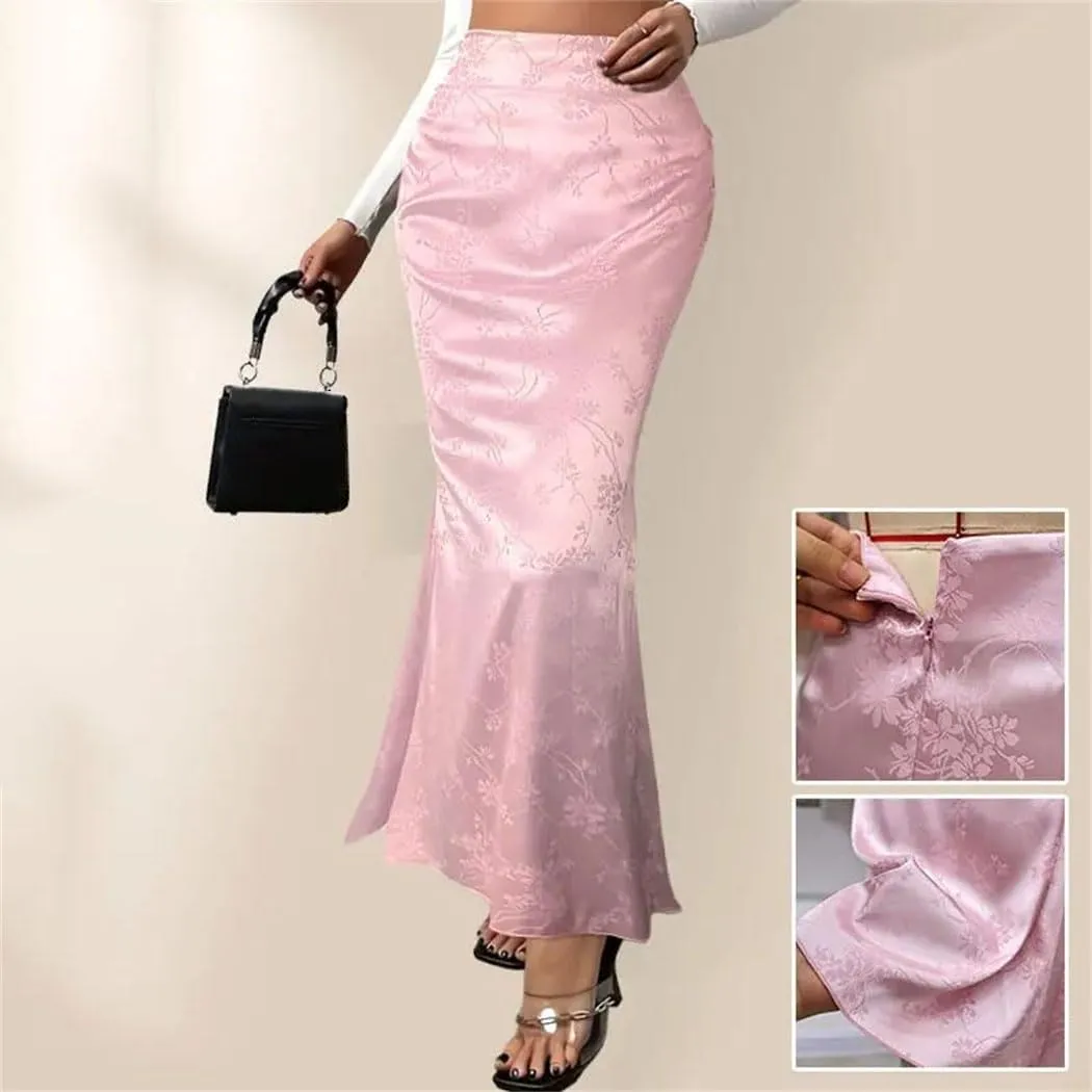 Women's Floral Print Satin Midi Skirt A-Line Pencil Skirt for Office Casual