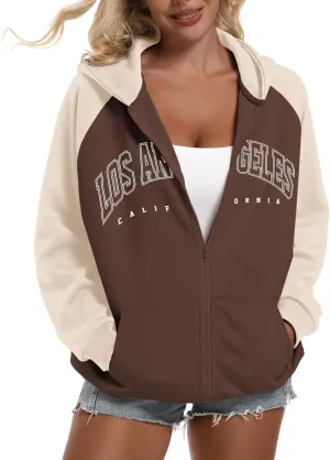 Womens Full Zip Up Hoodies Los Angeles Letter Graphic Color Block Sweatshirt Oversized Vintage Casual Jackets