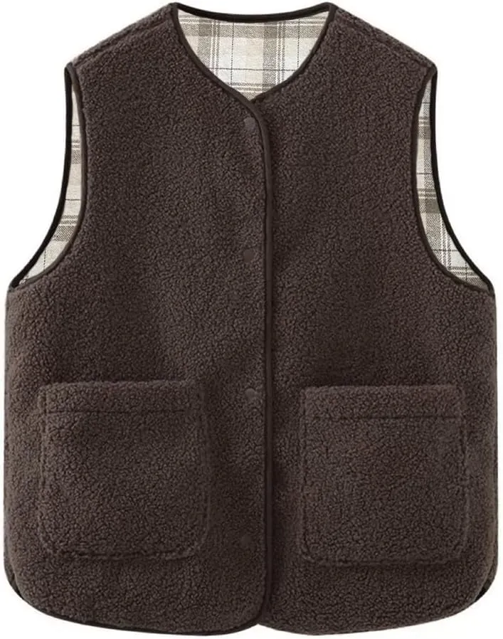 Women's Fuzzy Sherpa Fleece Vest Casual Reversible Plaid Sleeveless Warm Jacket Button Down Winter Outerwear