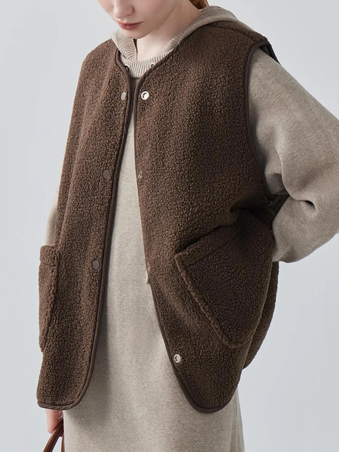 Women's Fuzzy Sherpa Fleece Vest Casual Reversible Plaid Sleeveless Warm Jacket Button Down Winter Outerwear