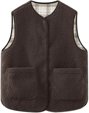 Women's Fuzzy Sherpa Fleece Vest Casual Reversible Plaid Sleeveless Warm Jacket Button Down Winter Outerwear
