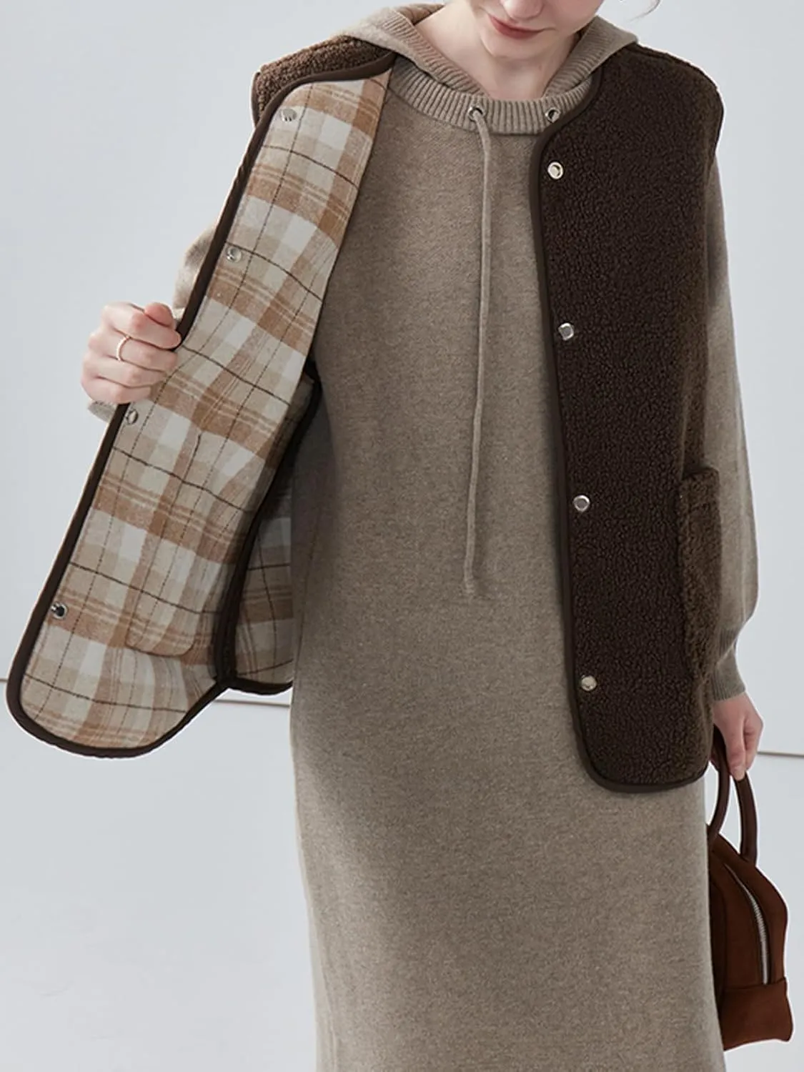 Women's Fuzzy Sherpa Fleece Vest Casual Reversible Plaid Sleeveless Warm Jacket Button Down Winter Outerwear
