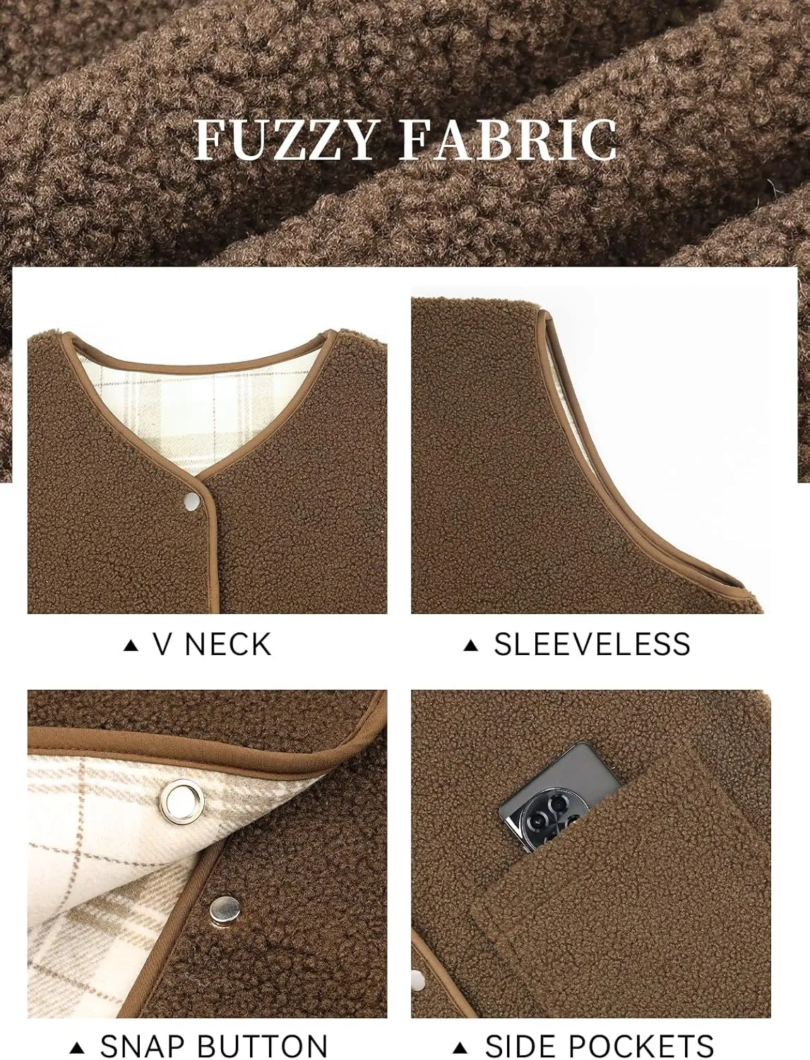 Women's Fuzzy Sherpa Fleece Vest Casual Reversible Plaid Sleeveless Warm Jacket Button Down Winter Outerwear