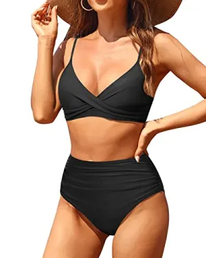 Women's High Waisted Bikini Set With Shorts For Full Coverage-Black
