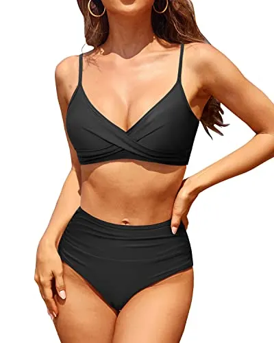 Women's High Waisted Bikini Set With Shorts For Full Coverage-Black