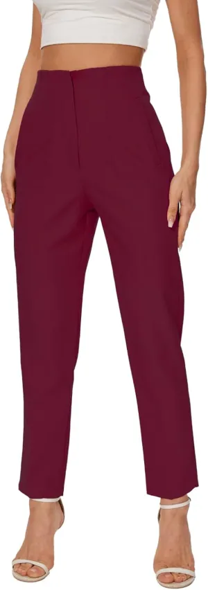 Women's High Waisted Pants - Straight Leg Dress Trousers with Pockets and Seam Design for Business Office Casual