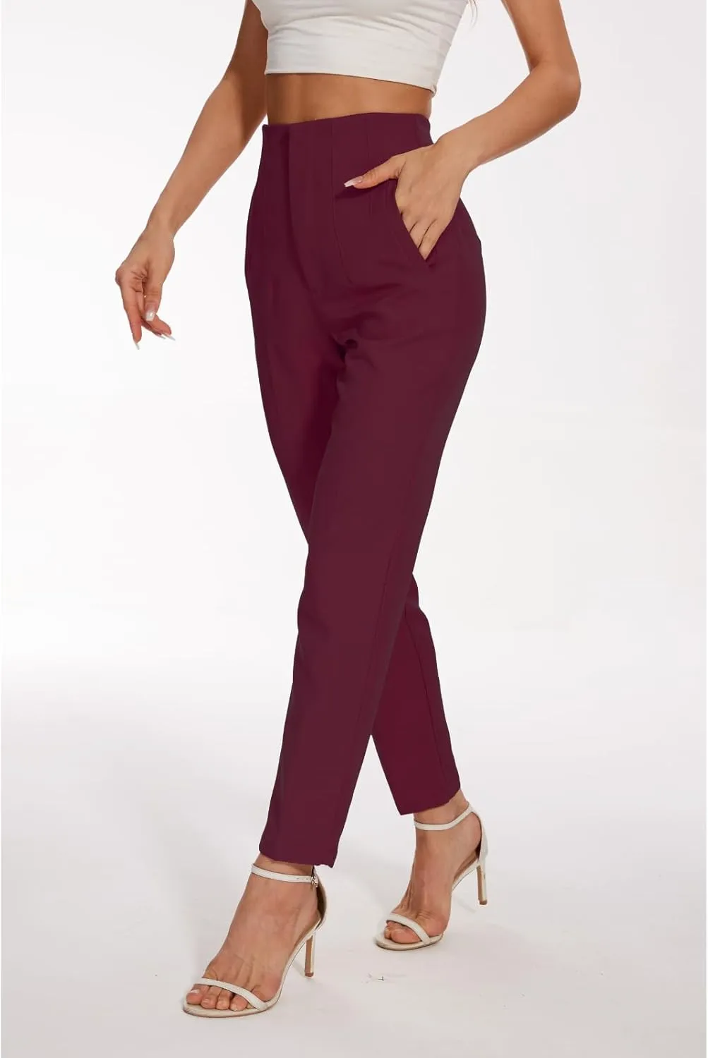 Women's High Waisted Pants - Straight Leg Dress Trousers with Pockets and Seam Design for Business Office Casual