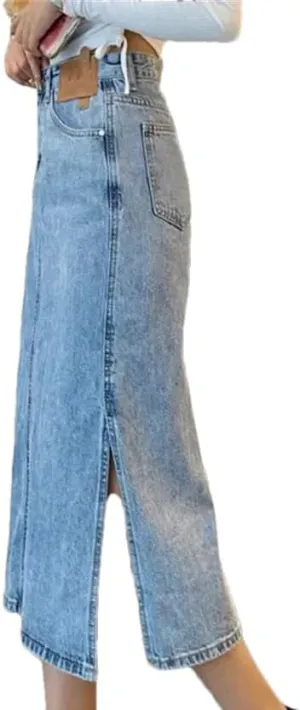Women's High Waisted Side Split Denim Skirt Mid Length with Pockets A Line Skirt