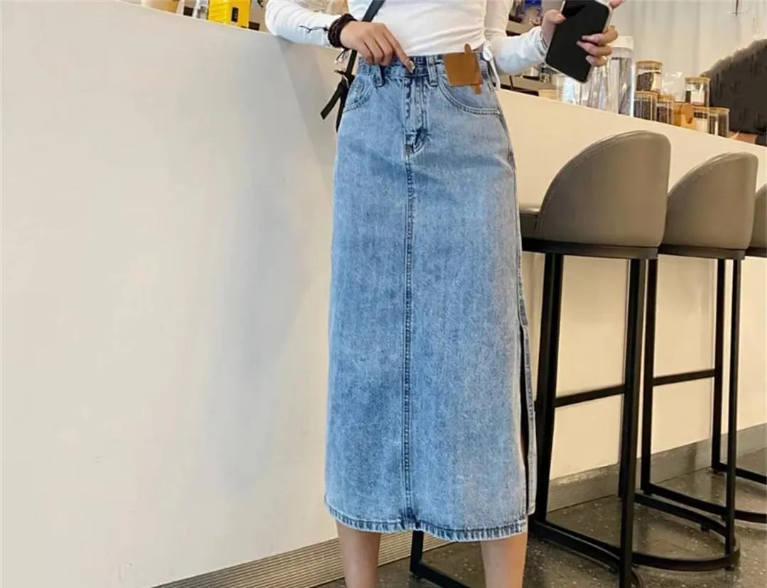 Women's High Waisted Side Split Denim Skirt Mid Length with Pockets A Line Skirt