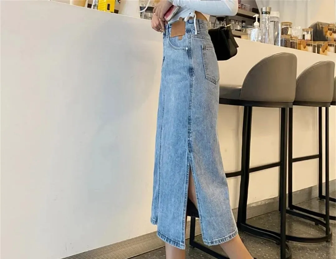 Women's High Waisted Side Split Denim Skirt Mid Length with Pockets A Line Skirt