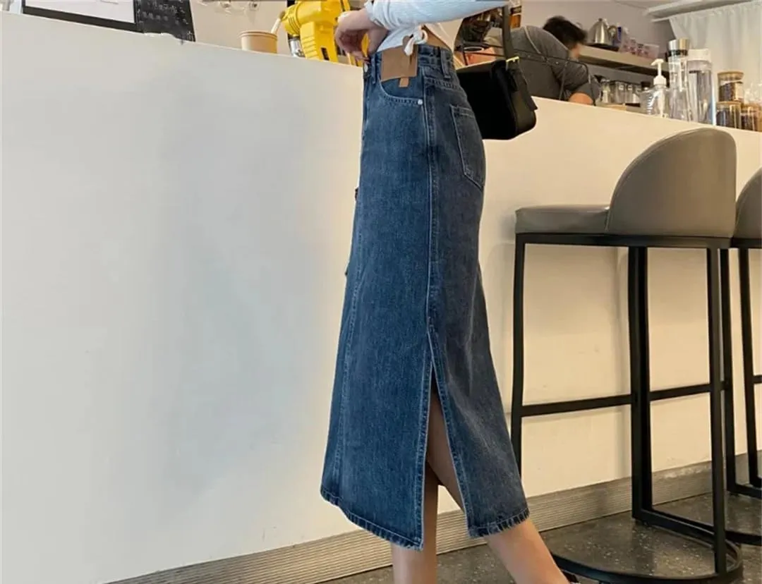 Women's High Waisted Side Split Denim Skirt Mid Length with Pockets A Line Skirt