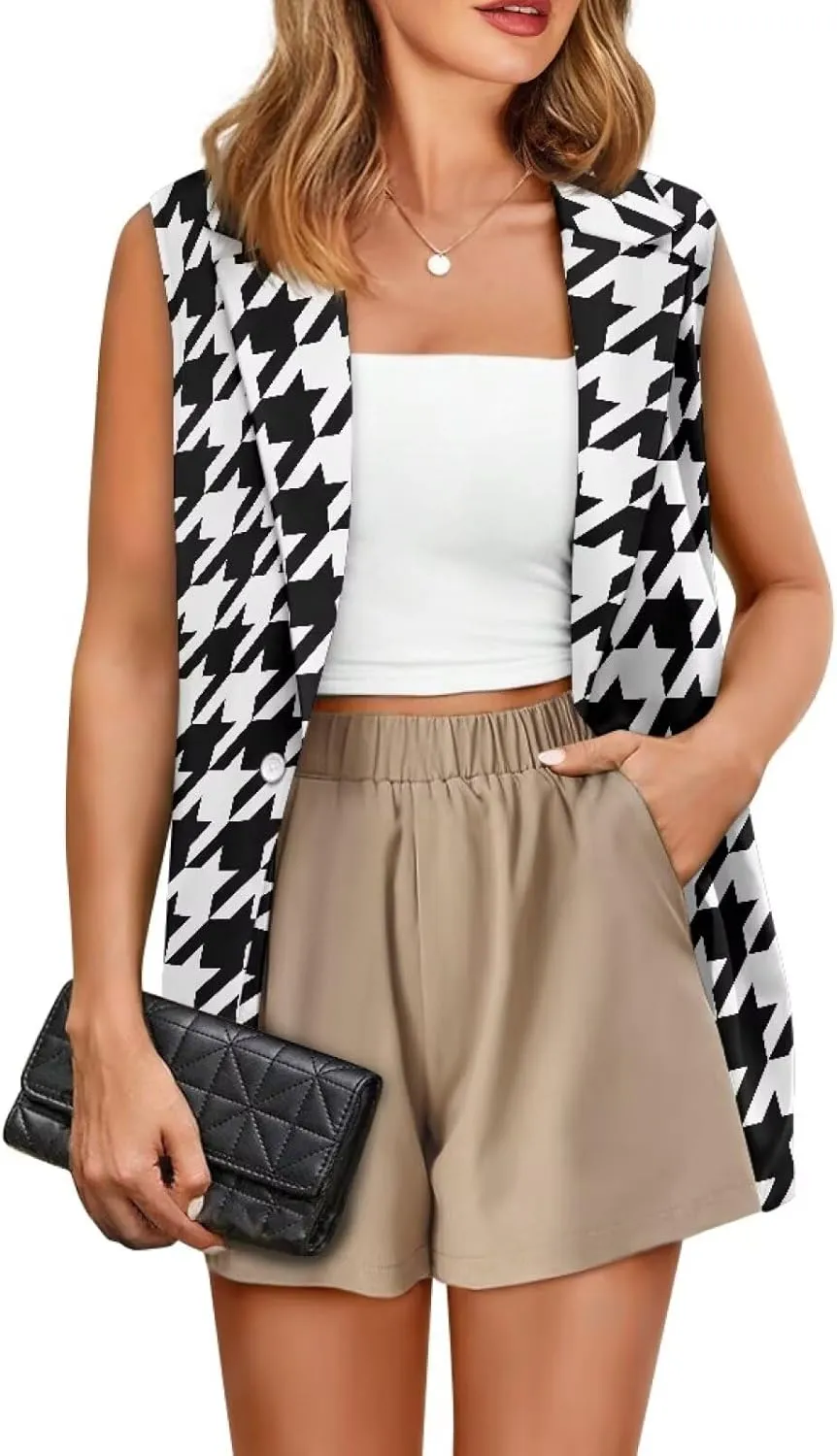 Women's Houndstooth Casual Blazer Lightweight Daily Work Wear Sports Jacket Classic Vintage Houndstooth Plaid Print