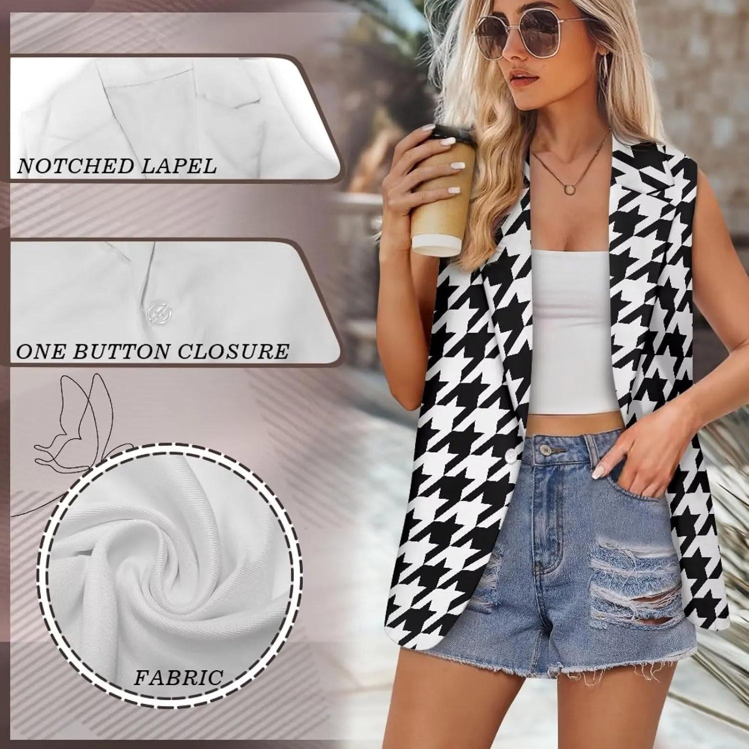 Women's Houndstooth Casual Blazer Lightweight Daily Work Wear Sports Jacket Classic Vintage Houndstooth Plaid Print