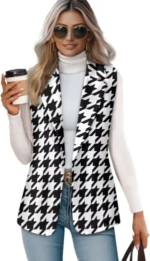 Women's Houndstooth Casual Blazer Lightweight Daily Work Wear Sports Jacket Classic Vintage Houndstooth Plaid Print