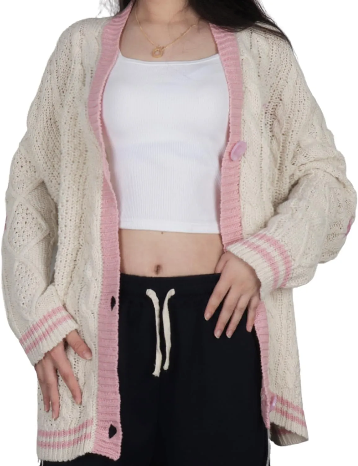 Women's Knit Cardigan Long Sleeve V Neck Sweatshirt Knitted Print Oversized Button Down Knitwear Outerwear