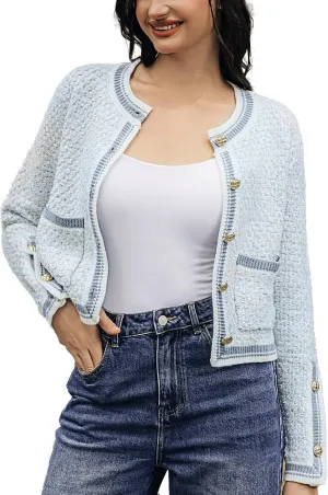 Womens Knit Cardigan Sweaters Casual Open Front Button Down Long Sleeve Cropped Tweed Jacket Trendy 2025