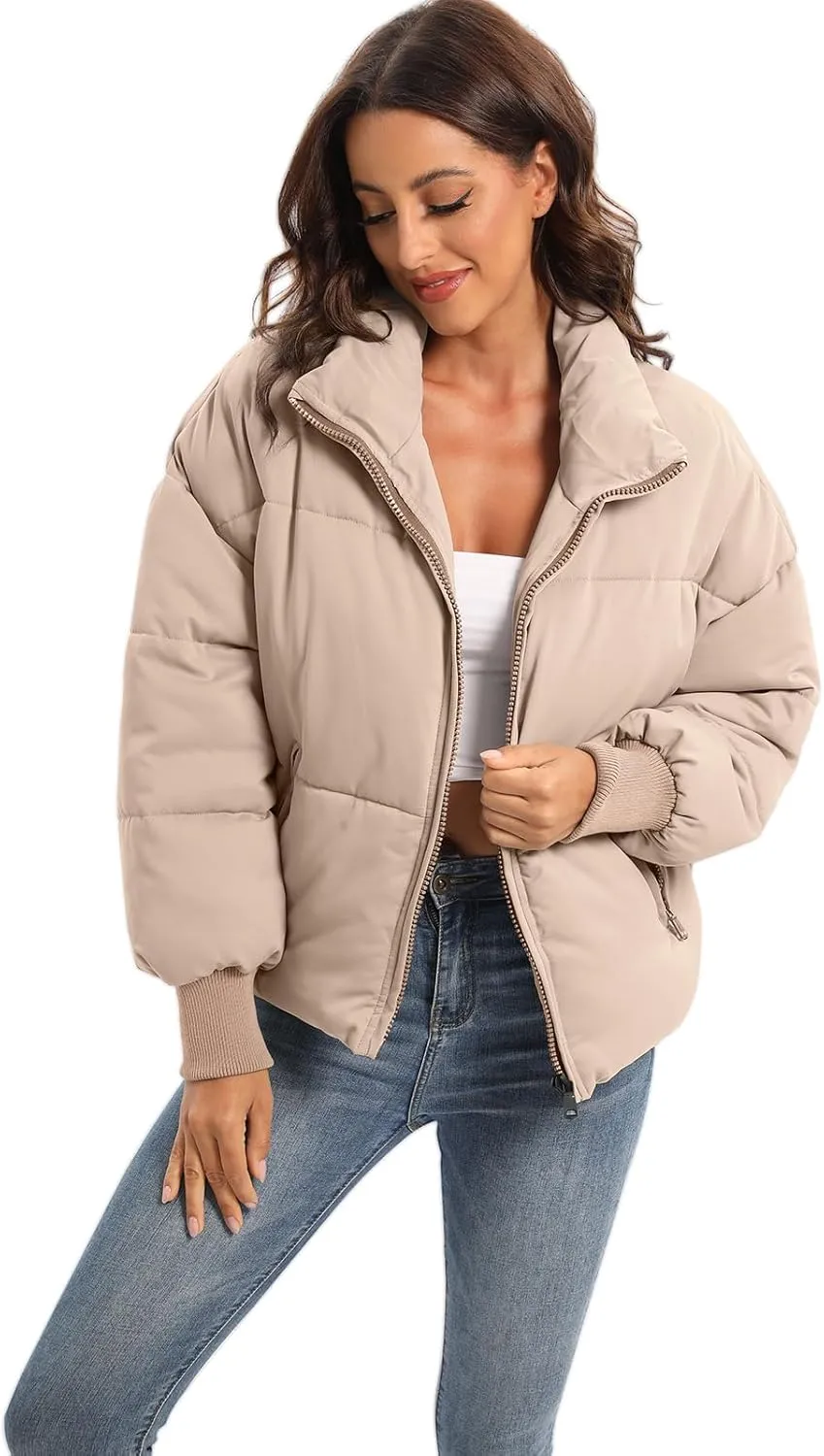 Women's Lightweight 2024 Winter Puffer Jacket Cropped Packable Quilted Zip Up Down Jacket Coat