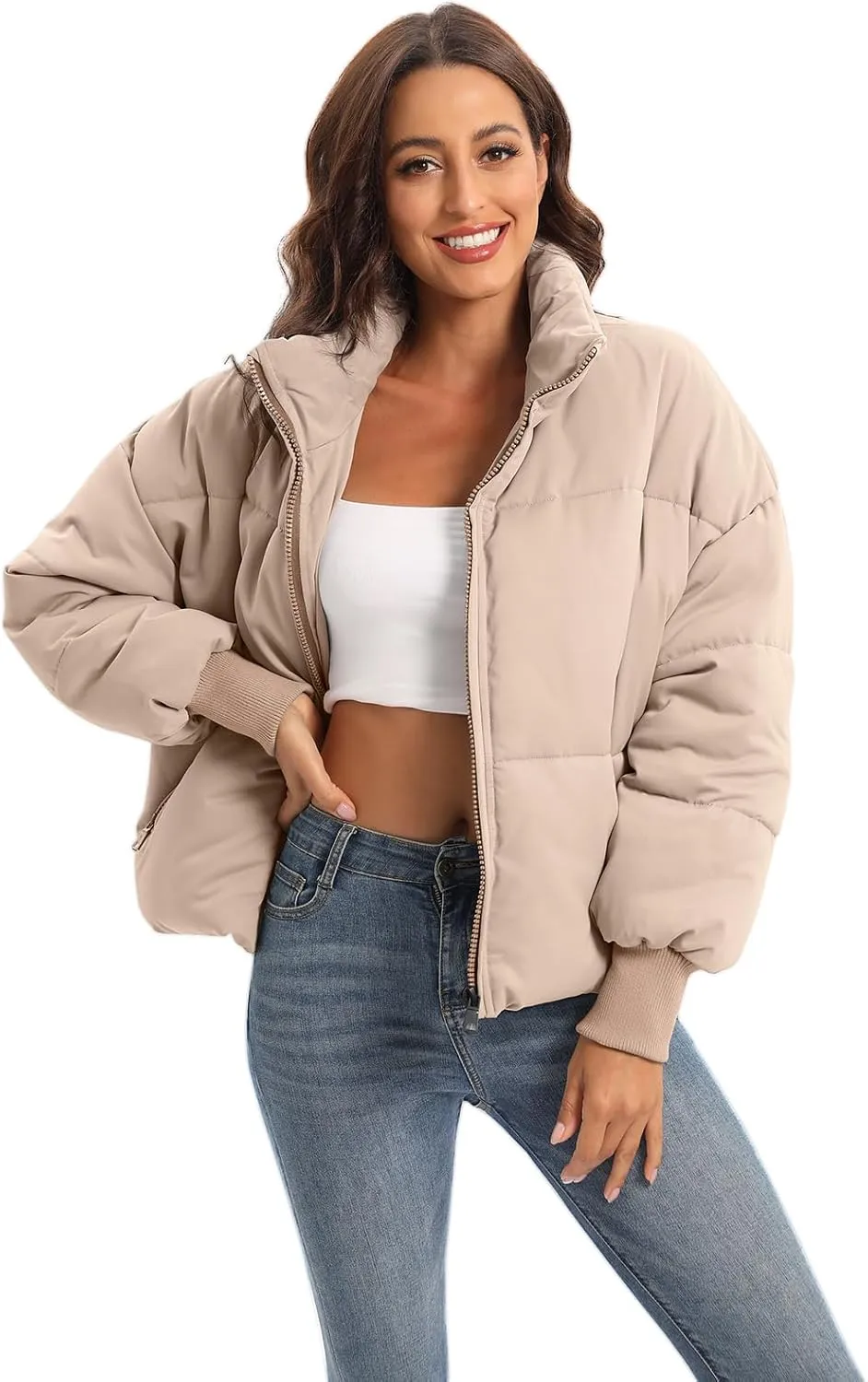 Women's Lightweight 2024 Winter Puffer Jacket Cropped Packable Quilted Zip Up Down Jacket Coat