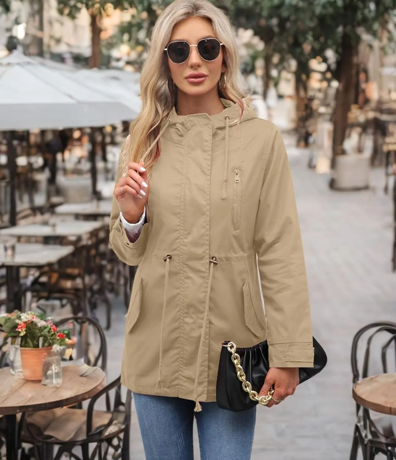 Women's Ligtweight Jackets Anorak Utility Drawstring Waist Hoodie Zip Up Fall Casual Coat with Pockets