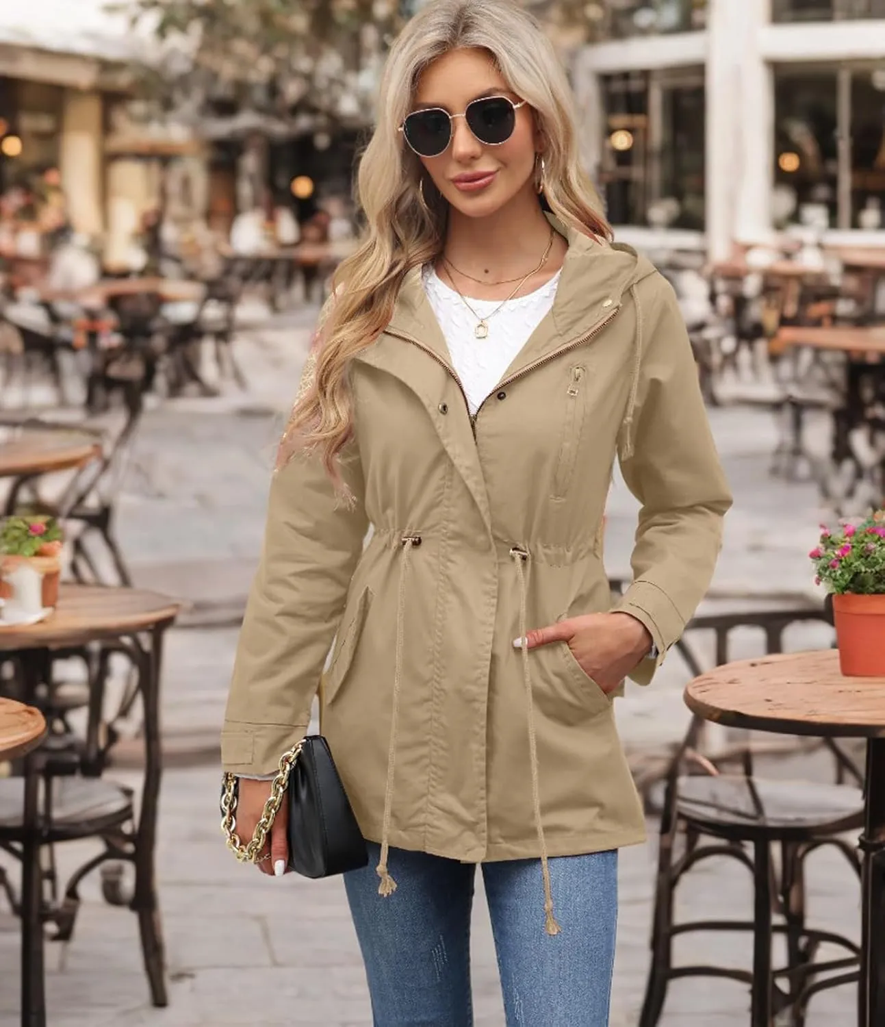 Women's Ligtweight Jackets Anorak Utility Drawstring Waist Hoodie Zip Up Fall Casual Coat with Pockets