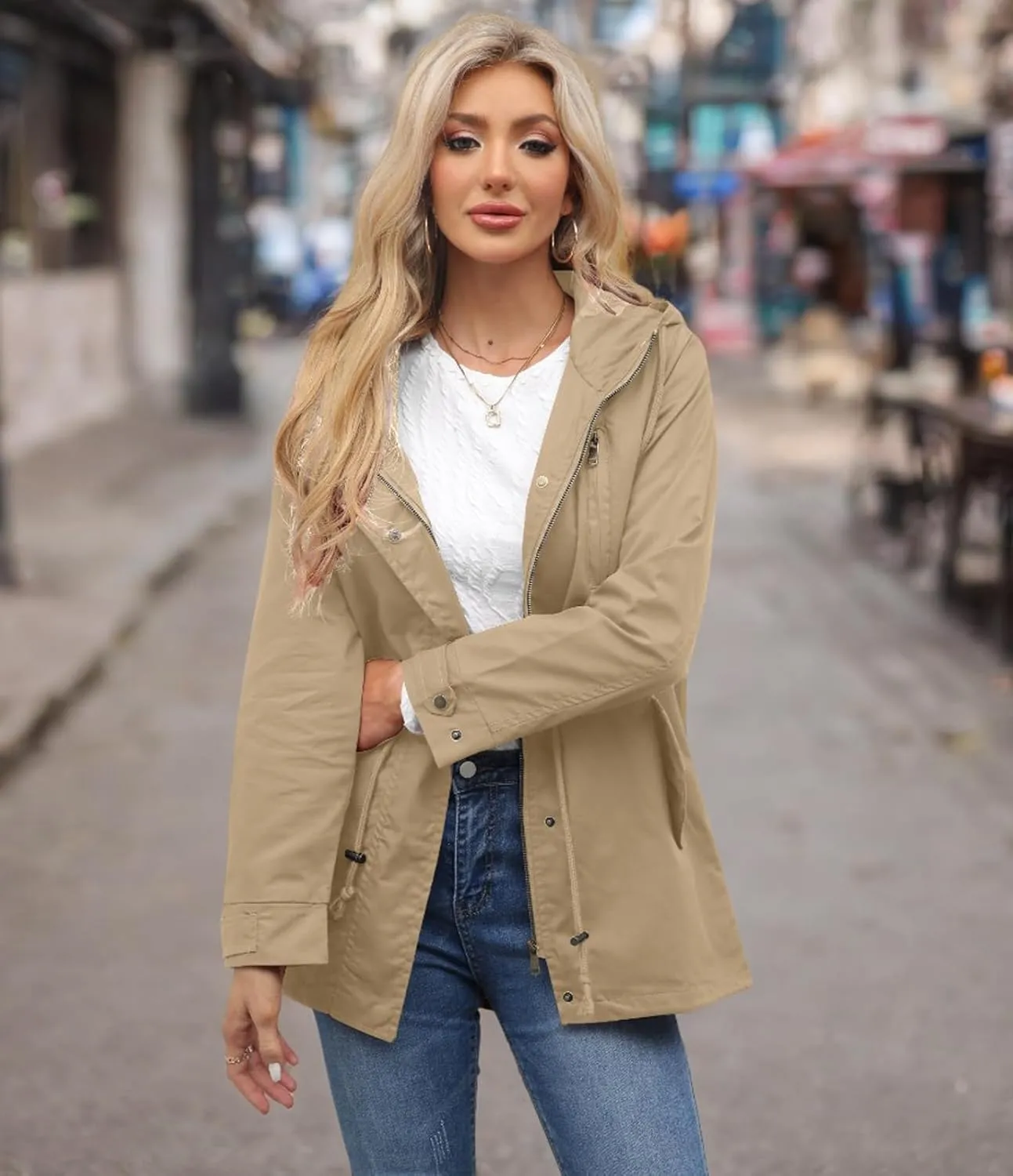 Women's Ligtweight Jackets Anorak Utility Drawstring Waist Hoodie Zip Up Fall Casual Coat with Pockets