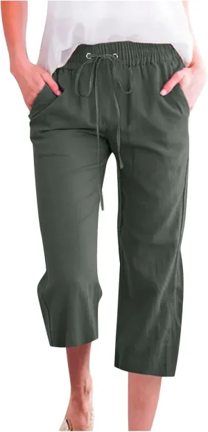 Womens Linen Capri Pants 2024 Summer Casual High Waist Elastic Drawstring Loose Soft Pockets Wide Leg Crop Trousers